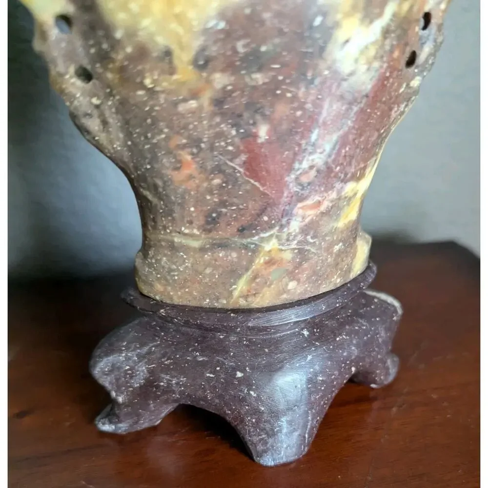 Vtg Chinese Hand Carved Soapstone Vase Pierced Floral Peony Carved Wood Stand 8